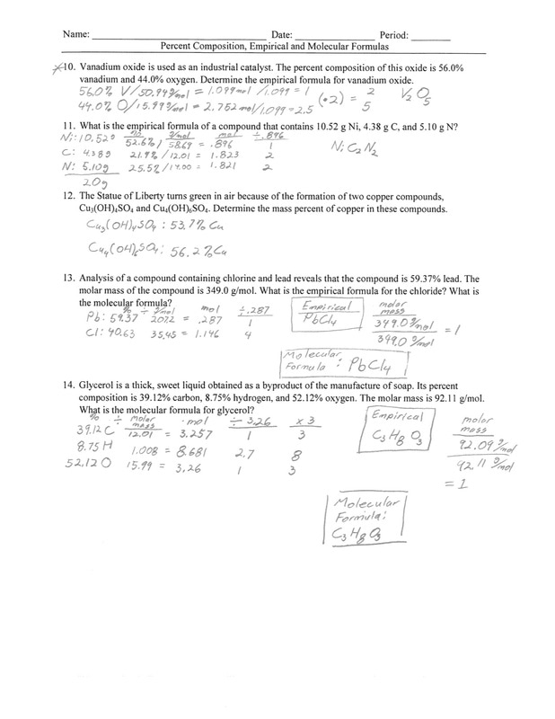 Percent Composition Empirical And Molecular Formulas Worksheet Answers